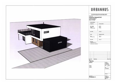 3D-visualisering (perspektiv) av en planlagt bygning med tilhørende teknisk informasjonsskjema.