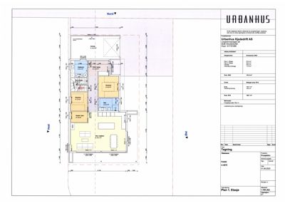 Etasjeplan (Plan 1) for en bolig med romfordeling, mål og arealopplysninger.