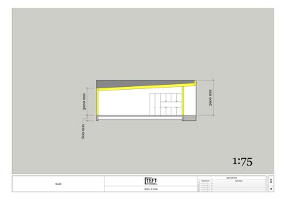 Snittegning som viser tverrsnitt gjennom en bygning med angitte mål (3900 mm og 600 mm) og en skala på 1:75.