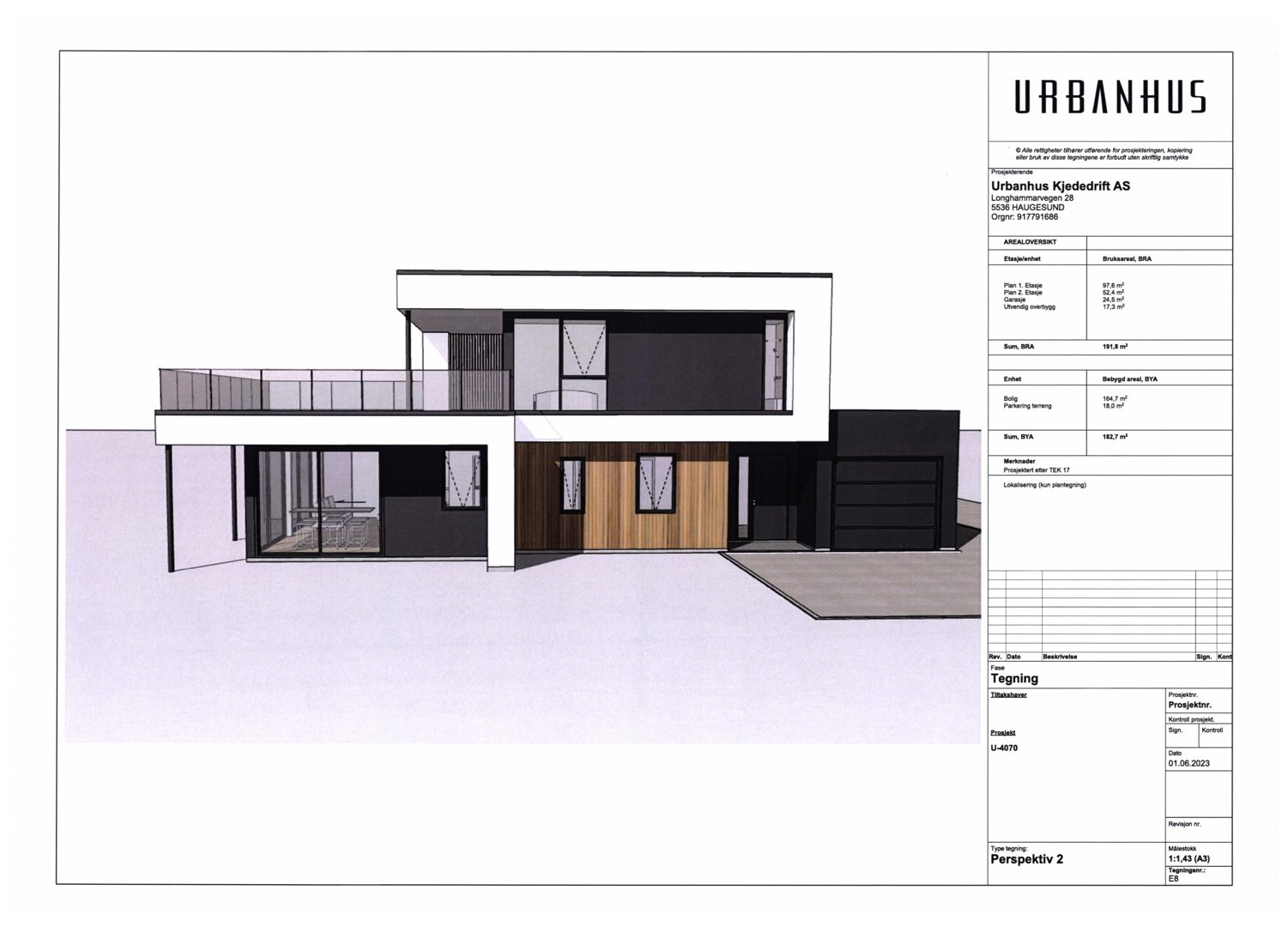 3D-visualisering (rendering) av fasaden på en planlagt bygning.
