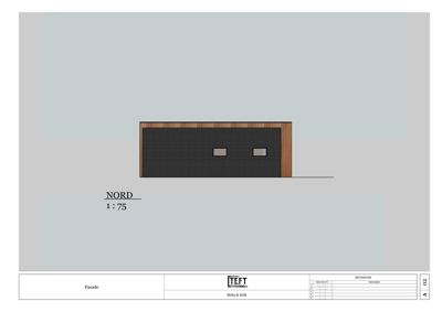 Fasadetegning av en bygning sett fra nord, med angitt skala 1:75 og materialevalg (trepanel og mørk fasade).