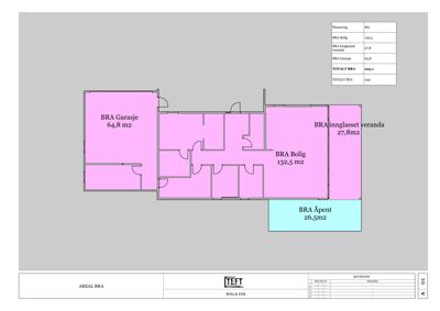 Etasjeplan (BRA) som viser romfordeling og arealoppdeling for en bolig, garasje og veranda.
