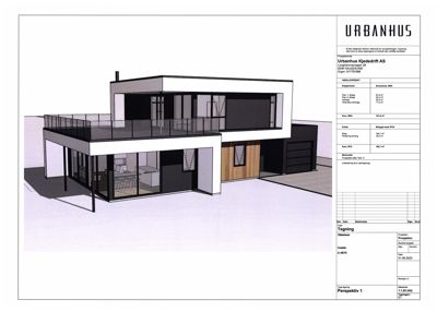 3D-visualisering (perspektiv) av en planlagt bolig med fasade og volum.