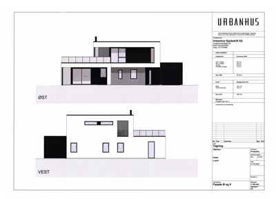 Fasadetegning som viser bygningens utseende sett fra øst og vest.
