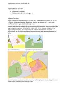 Bildet viser en situasjonsplan (arealressurskart) med fargekodet informasjon om tomters status (f.eks. grønt for jordlov, gul for fradelingsområde) og plassering av bygninger. Det inneholder også en oversikt over nabolaget.