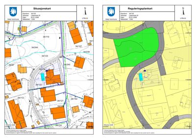Bildet viser to kart fra en byggesak: Situasjonskart (venstre) og Reguleringsplankart (høyre). Begge kartene viser eiendomsnummer, adresse, dato, målestokk og bygningsplassering i forhold til veier og naboeiendommer.