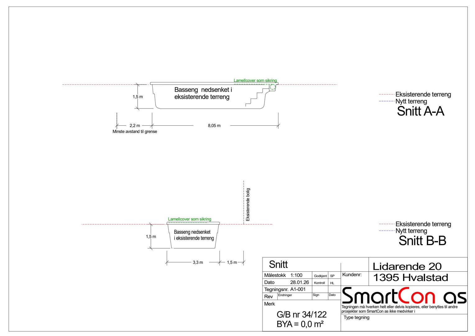 Snittegning (Snitt A-A og Snitt B-B) som viser bassengets plassering i forhold til eksisterende og nytt terreng.