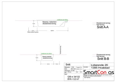 Snittegning (Snitt A-A og Snitt B-B) som viser bassengets plassering i forhold til eksisterende og nytt terreng.