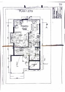 Etasjeplan for 1. etasje (PLAN 1.ETG) som viser romfordeling, møblering og mål.