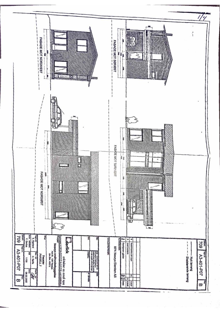 Fasadetegning som viser bygningens utseende fra fire ulike retninger (nordøst, nordvest, sørøst og sørvest).