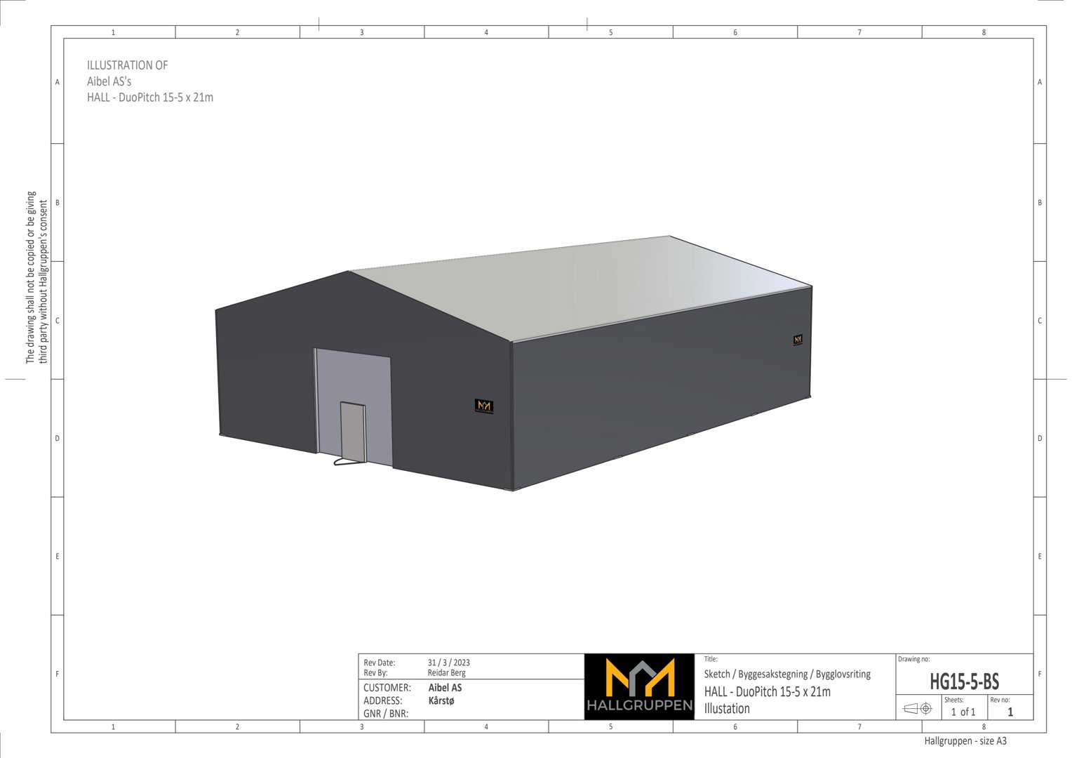 3D-visualisering (rendering) av en hallbygning (Albel AS) sett fra en vinkel som viser fasade og takform.