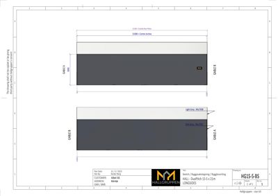 Fasadetegning som viser oppriss av en gable (fjellvegg) med mål og fargevalg for panel.