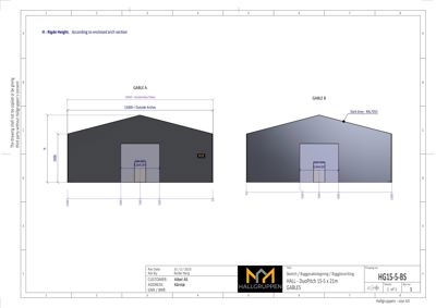Fasadetegning som viser to varianter (Gable A og Gable B) av en bygning med angitte mål og fargevalg.
