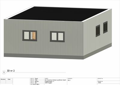 3D-visualisering av en bygning sett fra en vinkel som viser fasade og tak.