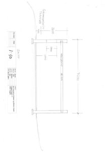 Snittegning som viser tverrsnitt av en bygningsdel med mål og konstruksjonsdetaljer.