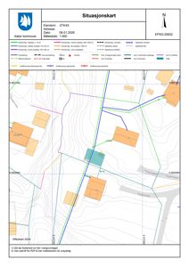 Situasjonskart som viser eiendomsnummer, adresse, dato, målestokk og bygningsplassering i forhold til veier og naboeiendommer.