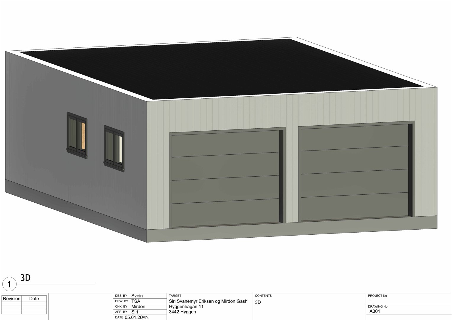 3D-visualisering av en bygning sett fra en vinkel som viser fasade og tak.