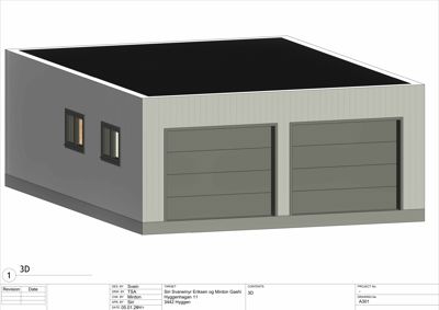 3D-visualisering av en bygning sett fra en vinkel som viser fasade og tak.