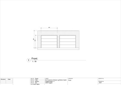 Fasadetegning som viser fronten på en bygning med to dører, mål og arkitektoniske detaljer.