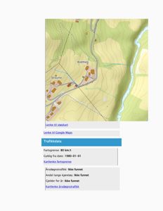 Et digitalt kart (topografisk) som viser et område med stier, veier, høydeforhold og bygninger. Under bildet er det tekst om trafikkdata og lenker til støykart og Google Maps.