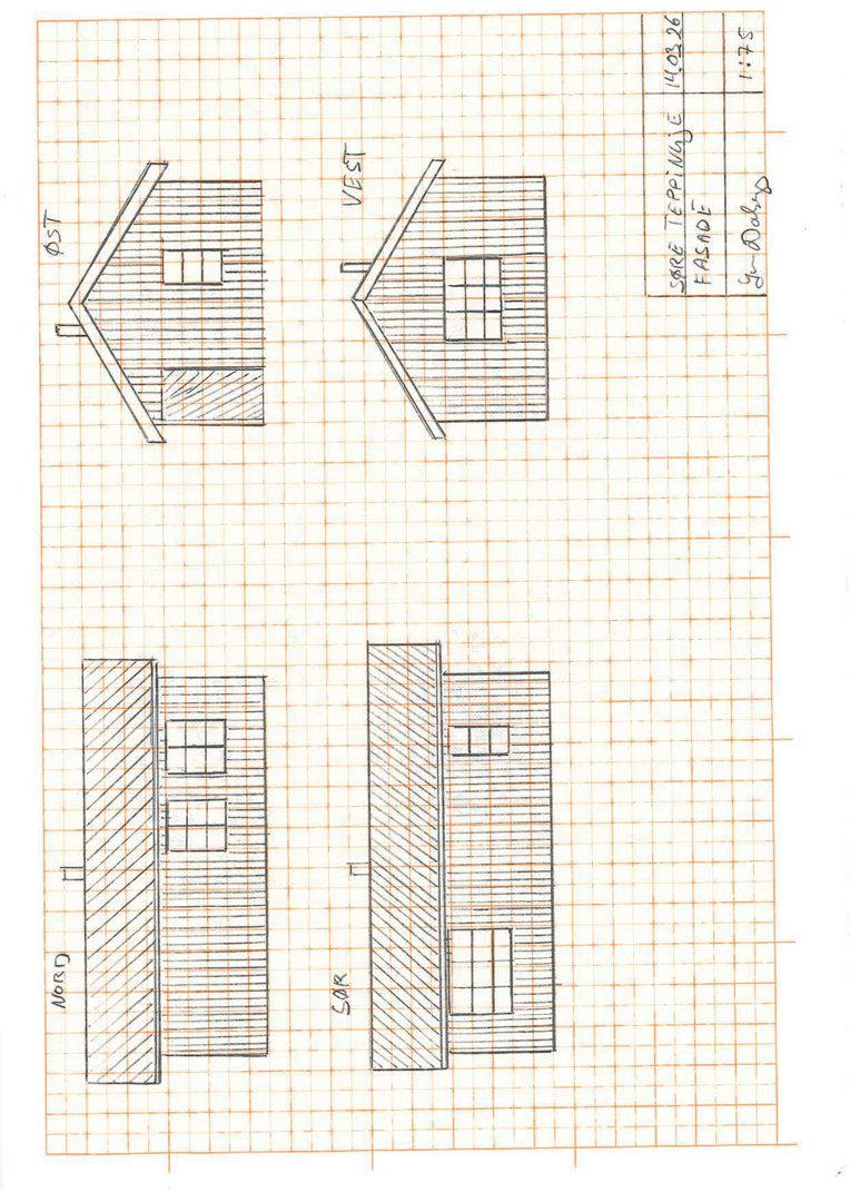 Fasadetegning som viser bygningens utsyn fra fire sider (ØST, VEST, SØR, NORD) med tegnet takform og vindusoppsett.