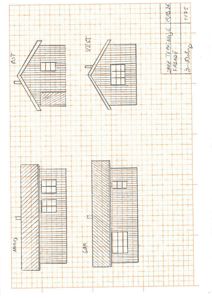 Fasadetegning som viser bygningens utsyn fra fire sider (ØST, VEST, SØR, NORD) med tegnet takform og vindusoppsett.
