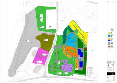Situasjonsplan som viser tomtedeling, arealbruk og bygningsplassering på et område.