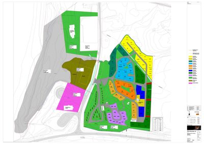 Situasjonsplan som viser tomtedeling, bebyggelse og infrastruktur i et område.
