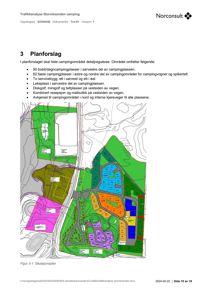 Situasjonsplan som viser planlagt campingplass med romfordeling, veier og omgivende terreng.