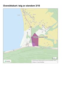 Oversiktskart som viser eiendom 3/18 (markert lilla) i forhold til omgivelsene, inkludert veier og nabolag.