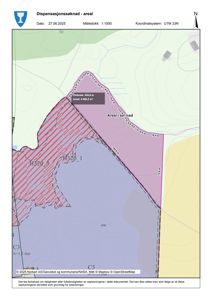 Situasjonsplan som viser et areal med dispensasjonssøknad, inkludert topografi, nabogrenser og arealoppdeling.