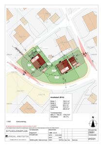Situasjonsplan som viser tomtens beliggenhet, naboeiendommer, reguleringsgrenser, bygningers plassering og arealoppdelinger.