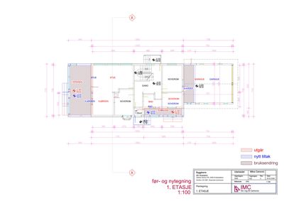 Etasjeplan (1. ETASJE) som viser romfordeling, mål og bygningsstruktur.