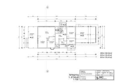 Etasjeplan (førtegning) av 1. etasje som viser romfordeling, mål og areal.