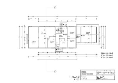 Etasjeplan for 1. etasje som viser romfordeling, mål og areal.