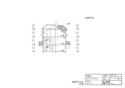 Snittegning (snitt A-A) som viser tverrsnittet av en bygning med mål og konstruksjonsdetaljer.