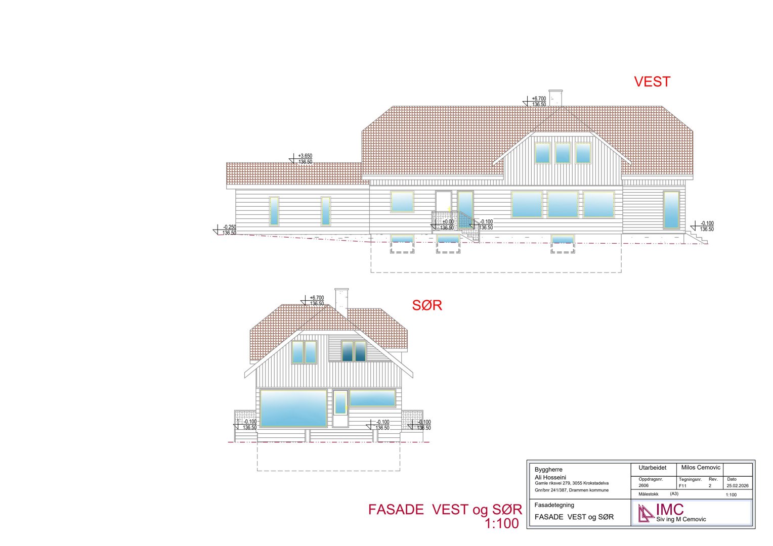 Fasadetegning som viser bygningens utseende sett fra vest og sør.
