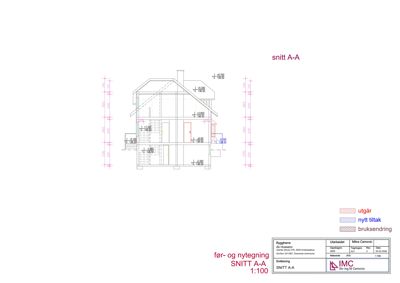 Snittegning (snitt A-A) som viser tverrsnittet av en bygning med mål og endringer.