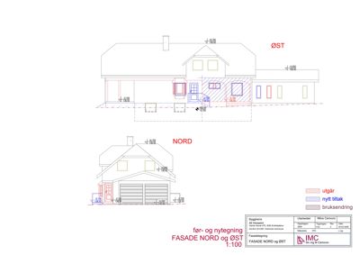 Fasadetegning som viser bygningens utseende sett fra nord og øst med mål og fargekoder.