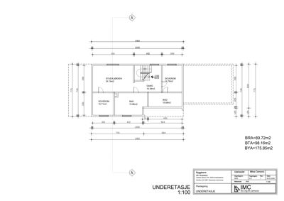 Etasjeplan for underetasjen som viser romfordeling (stue, soverom, bad, bod, gang) og mål.