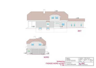 Fasadetegning som viser bygningens utseende sett fra nord og øst med høydeangivelser.