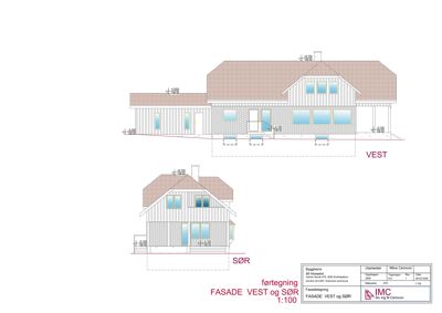 Fasadetegning som viser bygningens utseende sett fra vest og sør med mål og detaljer.