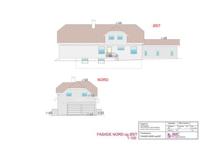 Fasadetegning som viser bygningens utseende sett fra nord og øst med mål og orientering.