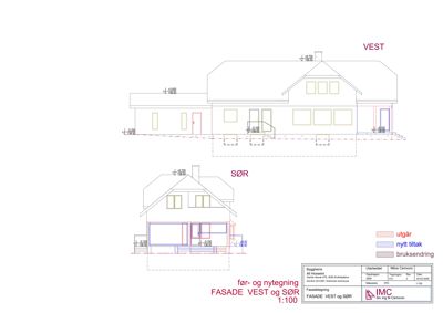 Fasadetegning som viser bygningens utseende sett fra vest og sør med mål og endringer.