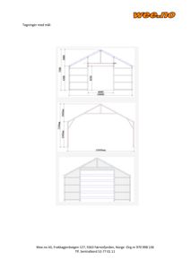 Bildet viser tre tegninger av en bygning sett fra fronten, som viser takform, fasade og mål. Dette er typisk for fasadetekninger eller oppriss.