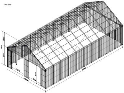3D-wireframe tegning av bygningens fasade og struktur med mål