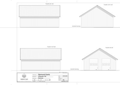 Fasadetegninger som viser bygningens utseende fra fire sider (nord, sør, øst, vest).