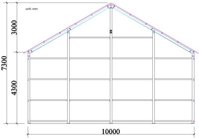 Fasadetegning som viser bygningens utseende sett fra siden, inkludert takform og dimensjoner.