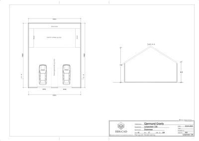 Bildet viser et snitt (Snitt A-A) av en garasje med mål og en planvisning av garasjen.