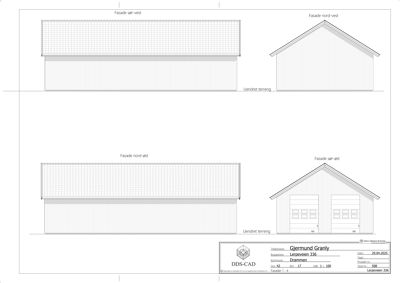 Fasadetegning som viser bygningens utseende fra fire ulike sider (nord-øst, nord-vest, sør-øst, sør-vest).